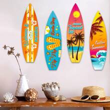 4pcs Wooden Surfboard Wall Hanging Decor, Surfboard Beach Sign Wooden Beach Decor For Summer Themed, Suitable For Hawaiian Party Decoration, Birthday Party Decoration Gifts Graduation - Multicolor - View 3