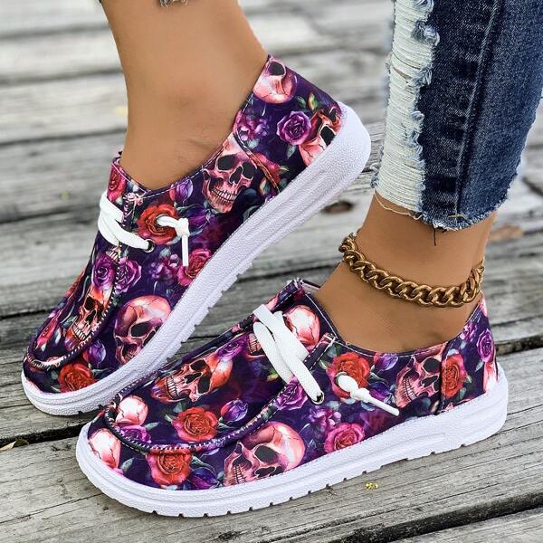 1 Pair Women's Casual Canvas Rose Skull Print Slip-On Flat Shoes, Comfortable & Non-Slip