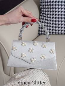 迷你珍珠手提包斜挎包小方包可装手机和口红，时尚百搭女士派对活动钱包 - 銀色 - 查看 1