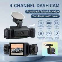 Cámara de salpicadero de 4 canales 1080P con visión nocturna, lente ajustable, grabación en bucle, monitor de estacionamiento de 24 horas, alimentación de enchufe del coche, voltaje de funcionamiento de 5 V, no impermeable, batería recargable, incluye opción de tarjeta de 64 GB