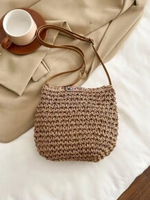 Solid-Color Minimalist Woven Sling Bag, Bohemian Style Braided Bag With Turquoise Beads, Tassels & Straps, Casual Beach Resort Style Ladies Crossbody Bag, Summer Straw Beach Bag For Women, Vacation Essentials, Perfectly Matching With Beach Accessories Women, Hottest Beach Bags For Women, Beach Necessities,Beach Essentials,Beach Stuff & Summer Essentials, Perfect For Summer, Vacation & Beach, Boho - Khaki - View 10