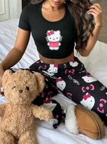 2pcs Print Women Short Sleeve Top + Elastic Waist Pants Pajama Set, Two Pieces Set - View 4