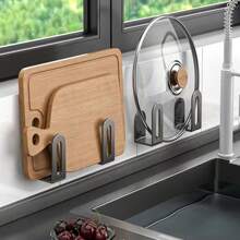 2 Pieces Wall-Mounted Pot Cover & Utensil Holder - No-Drill Installation, Multi-Purpose Cutting Board Storage, Space-Saving Kitchen