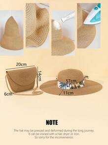 Set de 2 piezas - Sombrero de sol con lazo de cinta y estampado floral y bolso de hombro de paja, adecuado para vacaciones, color caqui