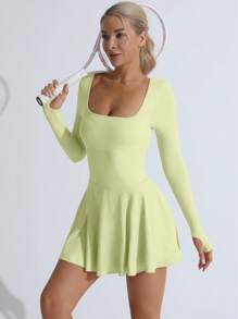 TCVC Women's Seamless Knit Sports Pocket Dress, Solid Crisscross Back, Long Sleeve Crew Neck Tennis Dress For Indoor/Outdoor Sports & Yoga, Skin-Friendly Fabric, Body Shaping - 青檸色 - 查看 4