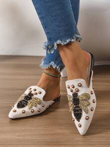 2025 Autumn New Women Rhinestone Animal Decor Fashionable Casual Versatile Mule Flats