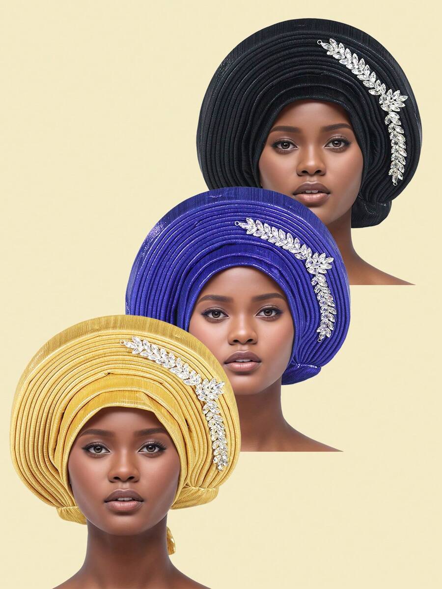 1pc Women's Headscarf, Handmade African Style Shiny Silk Layered Solid Color Rhinestone Heavy Industry Pullover Hat, Fashionable And Comfortable Headscarf Hat