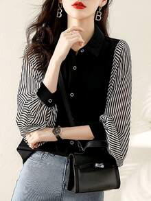 YUXIN Áo kiểu Hàn Quốc phối sọc, tay phồng, chất liệu chiffon, dáng rộng, thích hợp mặc hàng ngày, thích hợp mặc thường ngày, dành cho nữ, mùa xuân/hè 2025. - sọc - Xem 5