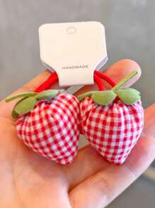 2 件儿童可爱草莓甜美发圈，小女孩格子草莓高马尾辫和发髻配饰，无卡包装 - 彩色 - 查看 3