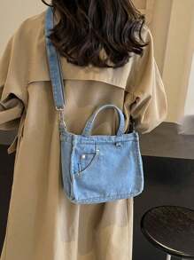 牛仔布包女新款时尚简约文艺百搭手提包单肩帆布包斜挎小方包背包 - 淺藍色 - 查看 1