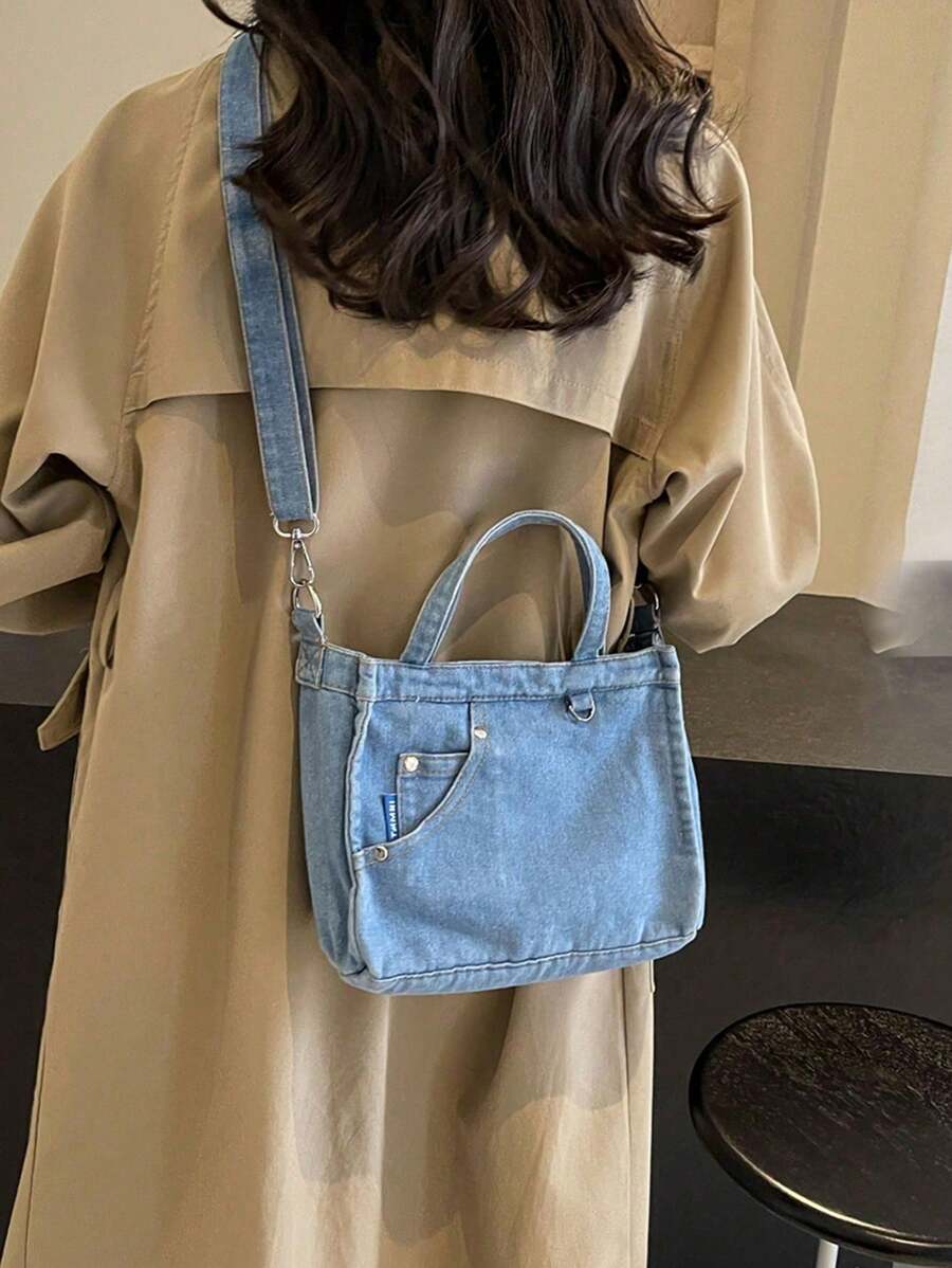 牛仔布包女新款时尚简约文艺百搭手提包单肩帆布包斜挎小方包背包 - 淺藍色 - 查看 1