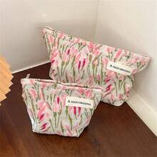 1pc Pink Tulip Pattern Makeup Bag, Large Capacity Skincare Storage Cosmetic Organizer Pouch For Women