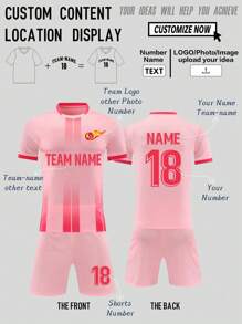 2pcs Personalized Tween Boys Soccer Jersey- Customized Name,Number And Picture Print Short Sleeve T-Shirt+Shorts Sports Set Spring/Summer - Pink - View 2