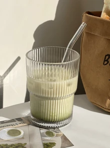 Clear Glass With Striped Lid And Straw, Portable Simple Style Cup For Water, Tea Or Coffee, With Highly Attractive Ins Style; It Has A Circular Design And A Capacity Of 400 Ml(Including The Lid)Glass Cup With Lid - Multicolor - View 7