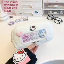 Sanrio 1pc Sanrio Hello Kitty Plush Transparent Window Pencil Case, Cute Cartoon Student Stationery Storage Bag With Zipper, Suitable For Birthday/Back To School Gifts
