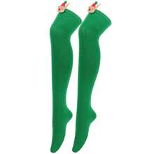 Women Knitting Socks, Christmas Cartoon Elk Spring Fall Knee-Over Socks Female Gift Knitting Wear - Pure Green - View 3