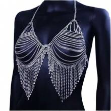 1pc Fashionable Hot-Selling Rhinestone Fringe Sexy Women's Bikini Body Chain, Shiny Crystal Exaggerated Spaghetti Strap Bra Chain, Beach Jewelry - Gold - View 6