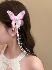 1 件锌合金网状蝴蝶珍珠流苏发夹，可爱甜美氛围，多功能发饰适合旅行、摄影、度假、日常使用 - 彩色 - 查看 2