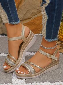 女士时尚舒适金色 PU 编织带坡跟凉鞋，适合日常穿着户外旅行，优雅时尚百搭厚底凉鞋