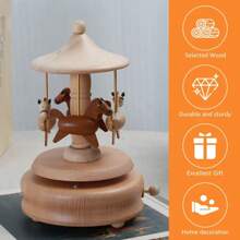手工木制旋转木马音乐盒 - 经典风格，配有可爱的雕马、优美的音乐、无需电池、生日礼物、家居装饰、装饰品、创意礼品盒 - 彩色 - 查看 4