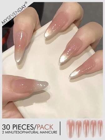 30pcs Almond Shaped Press-On Nails, Ombre Cat Eye Cute & Stylish French/Korean Style Nail Stickers For Women, New Fashion Nail Tips, Includes 1pc Jelly Gel And 1pc Non-Slip Sticker, Suitable For Party, Prom, Daily Casual Wear, Reusable And Removable, Nail Art Supplies