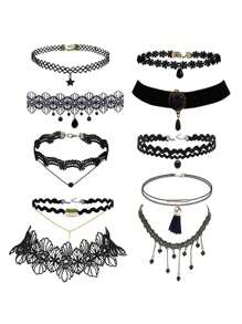 Set de 10 collares gargantilla de encaje con estilo minimalista gótico, europeo y americano, collares cortos para damas