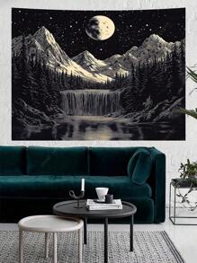山月光瀑布挂毯宁静的夜空风景家居卧室客厅办公室宁静祥和的氛围单色优雅设计艺术