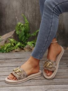 女士夏季凉鞋和拖鞋：绳底拖鞋、金属扣装饰拖鞋、度假风格凉鞋、舒适易穿的一脚蹬凉鞋、厚底沙滩凉鞋、印花家居拖鞋 - 卡其色 - 查看 4