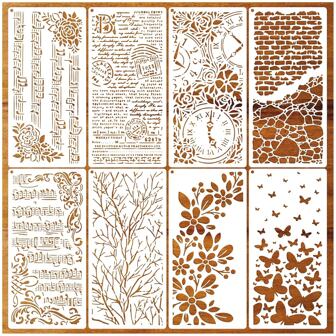 8 Pieces Stencils For Crafts Reusable Branches Musical Notes Stencil Floral Texture Background Layering Drawing Templates Stencils For Painting On Wood Furniture Paper (8 Branches),Back To School,School Supplies