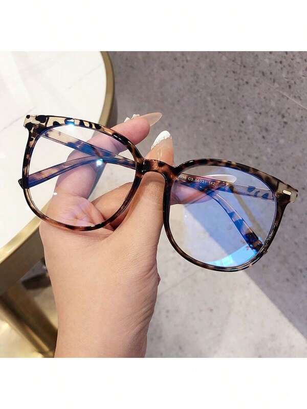 1pair Women Fashion Leopard Print Big Frame Round Optical Glasses, Casual For Daily Use Blue Light Glasses Accessories For Women
