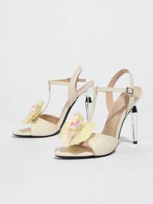 Sandales à talons hauts à bout ouvert pour femmes avec décor floral 3D, talons fins, beige, sexy, , élégantes pour les fêtes et événements