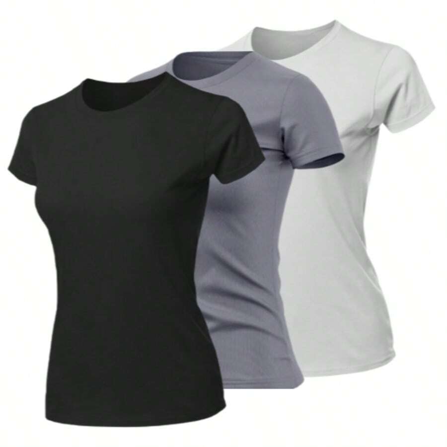 Kit 3 Women's Dry Fit T-Shirt - Casual - Training - đen - trắng - xám - Xem 1