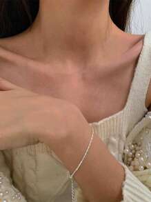 1 件简约不锈钢扁平十字链手链首饰女士 - 水波紋 - 查看 2