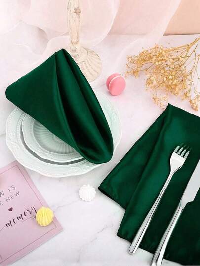 6pcs/12pcs Dark Green Christmas Satin Cloth Napkin, Satin Dinner Napkins, Handkerchief, Hotel, Birthday, Party, Event, Wedding Decoration Silk Napkin Cloth Placemats Table Napkins