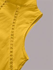 Women's Solid Color Blouse High Collar Sleeveless Hollow Lace Trim Loose Shirt Casual Summer - Yellow - View 5