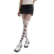 Womens Fishnet Socks Hollow-Out Bows Mesh Over Knee Socks Princess Thigh High Lace Stockings For Spring Summer Fall - C - View 2