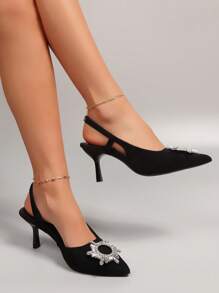 Tacones altos de mujer, tacones de aguja de punta fina para mujeres, zapatos casuales con hebilla, strass y en estilo de zapato bajo, zapatos negros formales de vestir para el trabajo, tacones sexy, sandalias de mujer con tiras huecas en la parte trasera