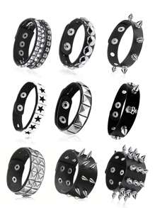 Punk Spiked Studded Bracelets Punk Leather Rivets Bracelet Cuff For Men Women Punk Rock Studded Bracelet Set, Black Leather Rivet Punk Bracelet Cuff Wrap Bangle Snap Button Metal Wristband & Gifts - Black - View 9
