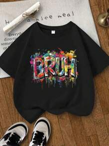 2PCs Tween Boy Slogan Print Crew Neck T-Shirt And Shorts Set, Spring Summer Boys Casual Sports T-Shirt Soft Top