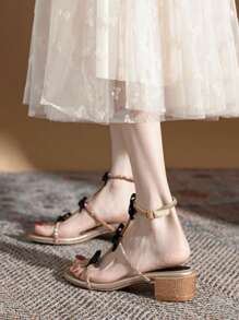 Women's Rhinestone Embellished Sandals, New 2025 Summer Style Suitable With Dress, Strappy Open Toe Thick Heels - Gold - View 5