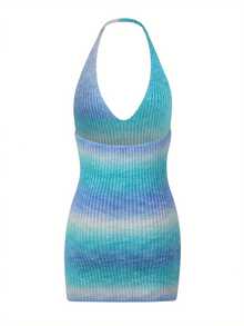 Womens Sexy Halter Knitted Skinny Dress Fashion Gradient Color Backless Short Dress - Azul - Ver 3