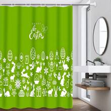 1/4pcs Colorful Rabbit, Egg, Happy Letter, Floral Print On Green Background, Easter Elements Waterproof Shower Curtain Set With 12 Hooks, Waterproof Polyester Fabric, Machine Washable, Rustproof Grommets Top, Unlined Woven Shower Curtain, Suitable For Bathroom Decor, Home Decor Bathroom Accessories