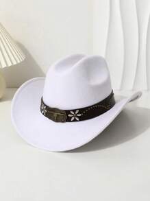 1 pieza Sombrero de vaquero estilo occidental de poliéster para hombres, estilo retro unisex, decorado con girasol y adorno de toro de metal, adecuado para uso casual, fiesta de vaqueros occidentales, talla única, unicolor de fibra de poliéster bohemia (poliéster), remaches - Multicolor - Ver 6