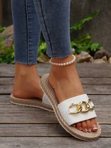 Sandalias de verano para mujer con suela de cuerda, cadena con hebilla de metal, estilo de vacaciones, cómodas con suela gruesa, estampado de playa, esencial para vacaciones - Blanco - Ver 5