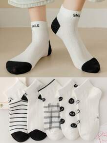 5/10pairs Socks For Women's Short Socks For Spring And Summer Thin Cute Black And White Low Vamp Boat Socks