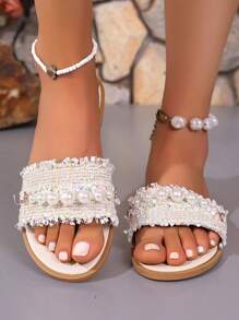 Damen Zehentrenner Sandalen, vintage perlenbestickte leichte Slip-On Sandalen