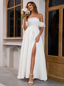 Damen Satin Off-Shoulder Hochzeitskleid mit abnehmbaren Spitzen-Kurzärmeln, bodenlang, Brautkleid