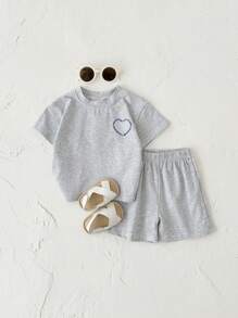 2 stuks/set babymeisjes schattige hartprint korte mouwen T-shirt en shorts set, zomer