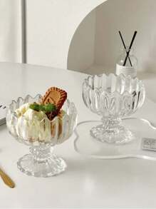 1pc Ruffled Vertical Stripe Short Glass Cup, Ins Minimalist Ice Cream Cup, Cute Pudding Cup, Coffee Cup, Milk Tea Cup, Suitable For Home, Restaurant, Cafe