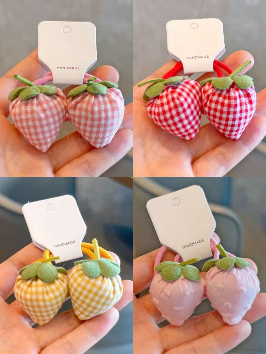 2 件儿童可爱草莓甜美发圈，小女孩格子草莓高马尾辫和发髻配饰，无卡包装 - 彩色 - 查看 1